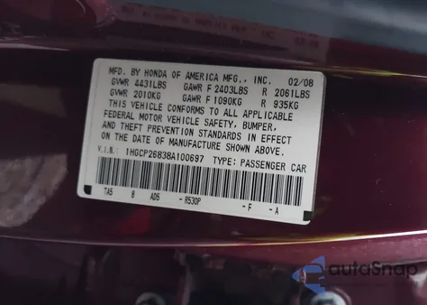 2008 Honda Accord 2.4 Ex-L from USA, damaged, VIN 1HGCP26838A100697